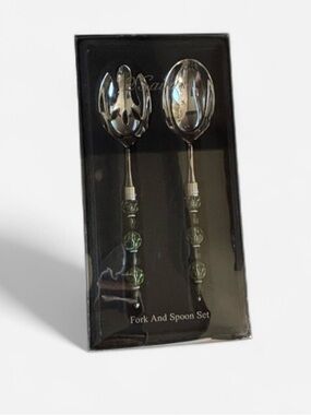 Saints Green Beaded Handle Salad Fork and Spoon Set
